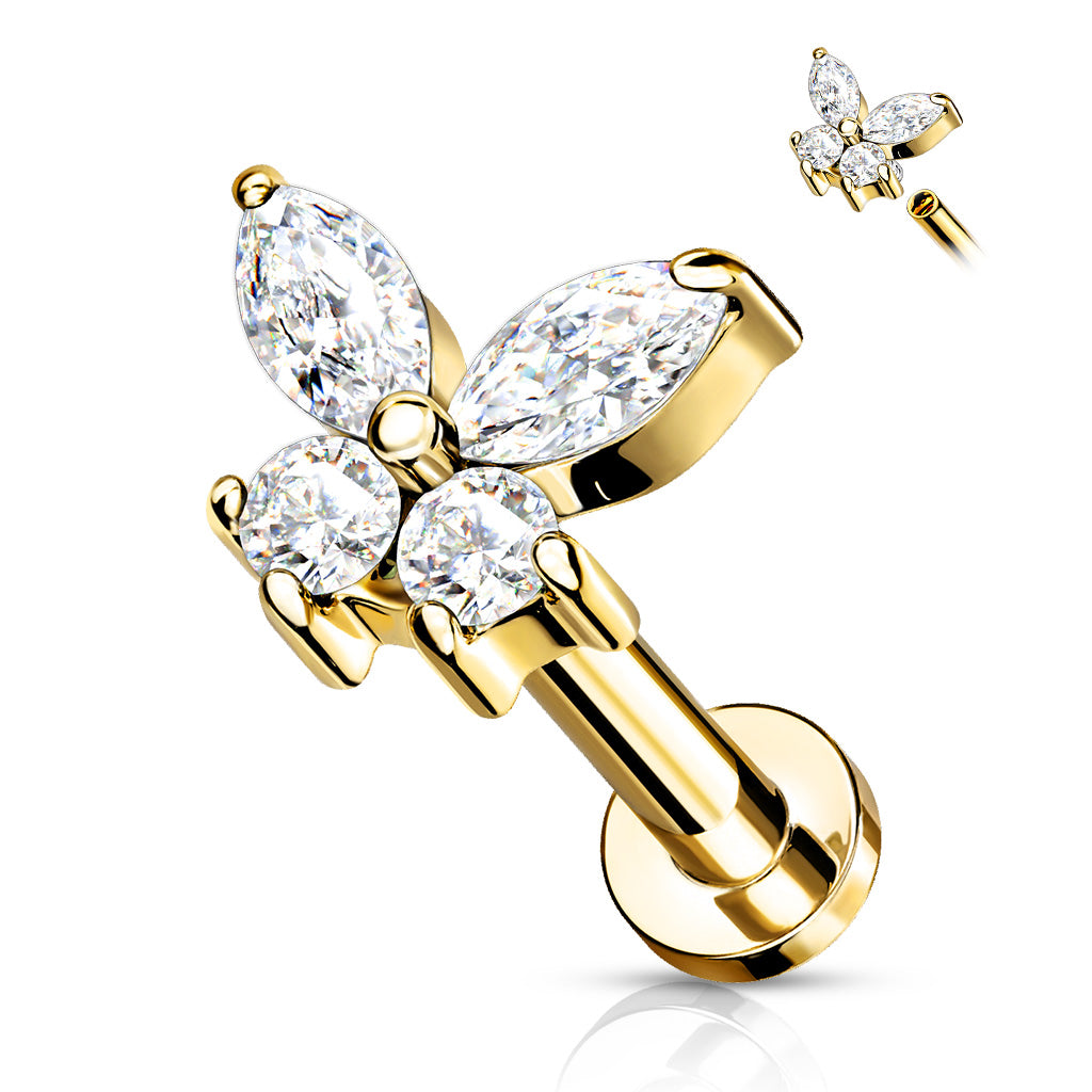 Surgical Steel/Brass Internally Threaded Labret w/ CZ Simple Butterfly (CLEARANCE)