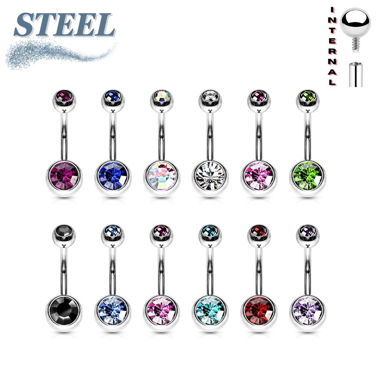 Surgical Steel Internally Threaded Double Jewel Standard Belly Banana
