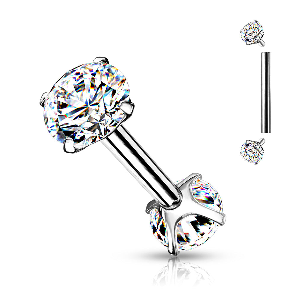 Surgical Steel Short Barbell with Internally Threaded CZ Prong Ends