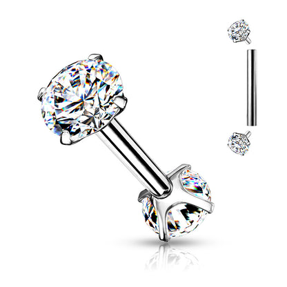 Surgical Steel Short Barbell with Internally Threaded CZ Prong Ends