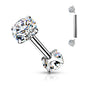 Surgical Steel Short Barbell with Internally Threaded CZ Prong Ends