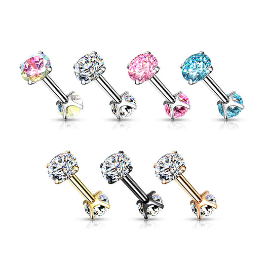 Surgical Steel Short Barbell with Internally Threaded CZ Prong Ends