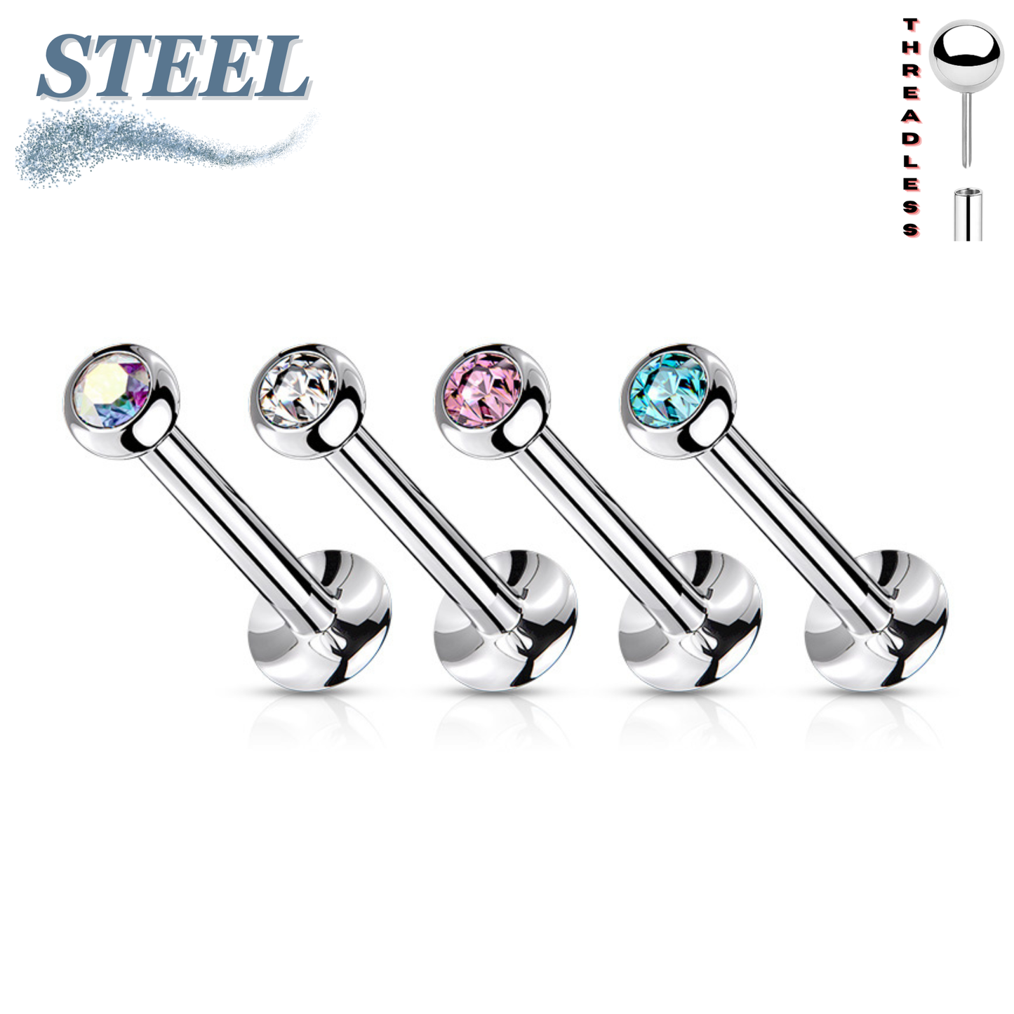 Surgical Steel Threadless Flat Back Labret Combo with Jeweled Ball Top