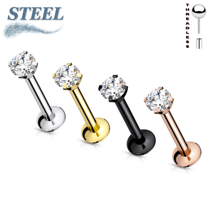 Surgical Steel Threadless Prong Set CZ Labret Combo - 3mm Base