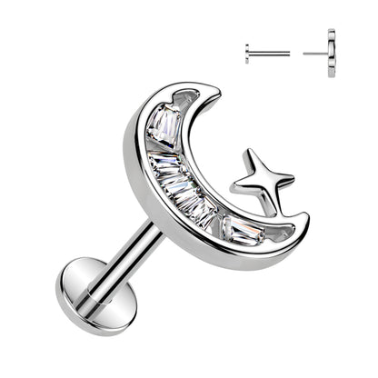 Surgical Steel/Brass Threadless with CZ Crescent Moon Top Labret Combo (CLEARANCE)