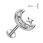 Surgical Steel/Brass Threadless with CZ Crescent Moon Top Labret Combo (CLEARANCE)