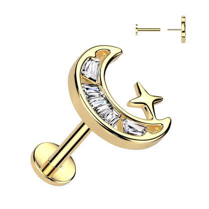Surgical Steel/Brass Threadless with CZ Crescent Moon Top Labret Combo (CLEARANCE)