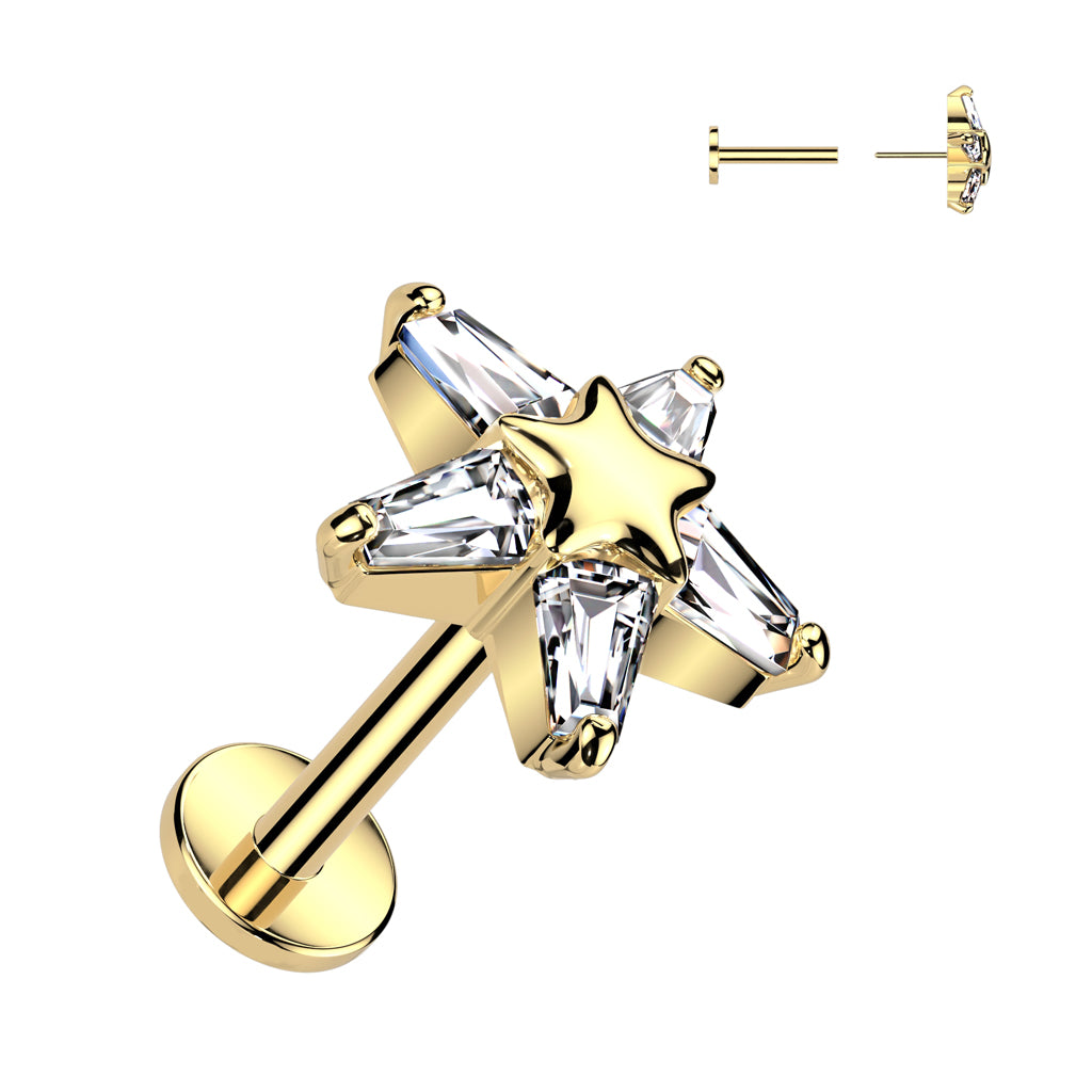 Surgical Steel/Brass Threadless with CZ Star on Star Top Labret Combo (CLEARANCE)