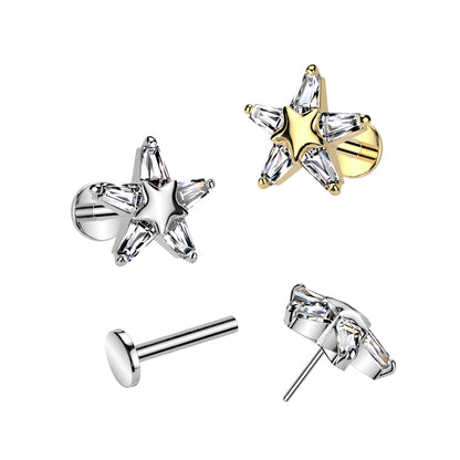 Surgical Steel/Brass Threadless with CZ Star on Star Top Labret Combo (CLEARANCE)