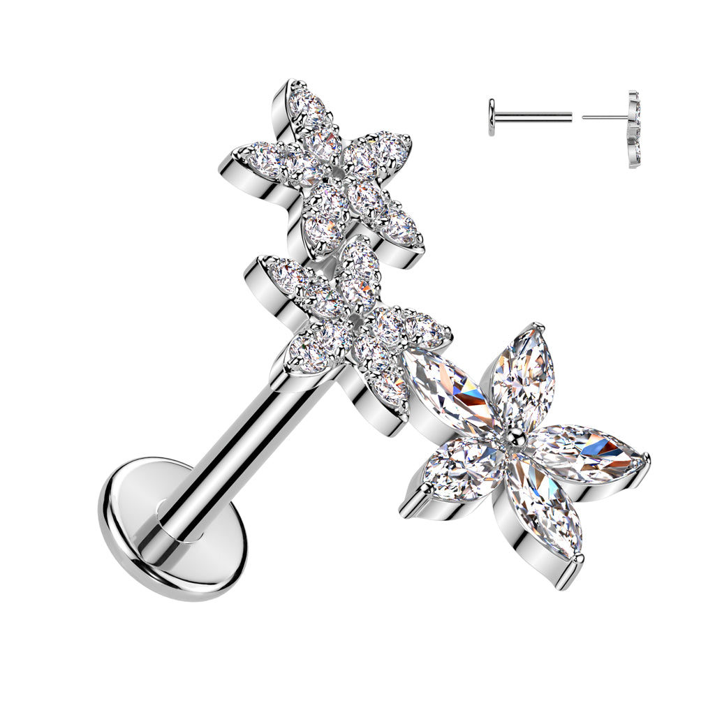 Surgical Steel/Brass Threadless 3 CZ Flower Crawler Labret