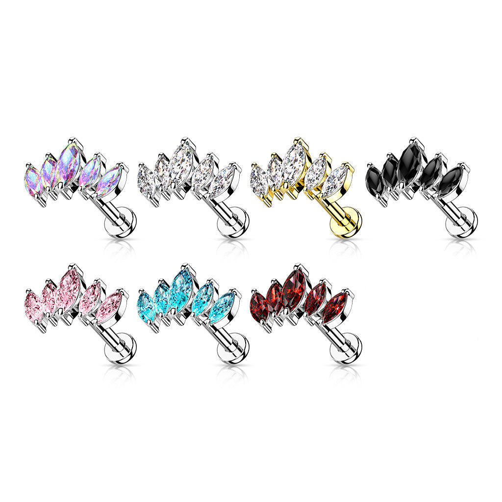 Surgical Steel Threadless Labret Combo w/ 5 Marquise CZ Set Curve Design