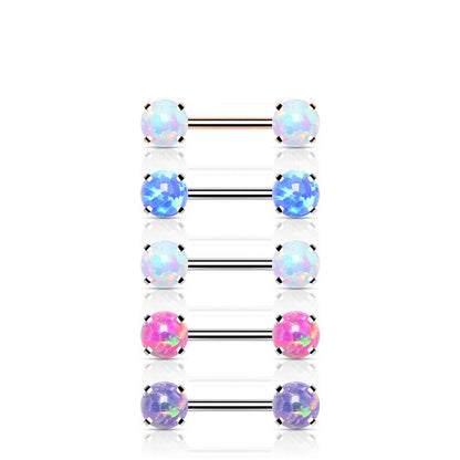 Surgical Steel Threadless Nipple Bar with Prong Set Opal Ends