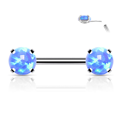 Surgical Steel Threadless Nipple Bar with Prong Set Opal Ends