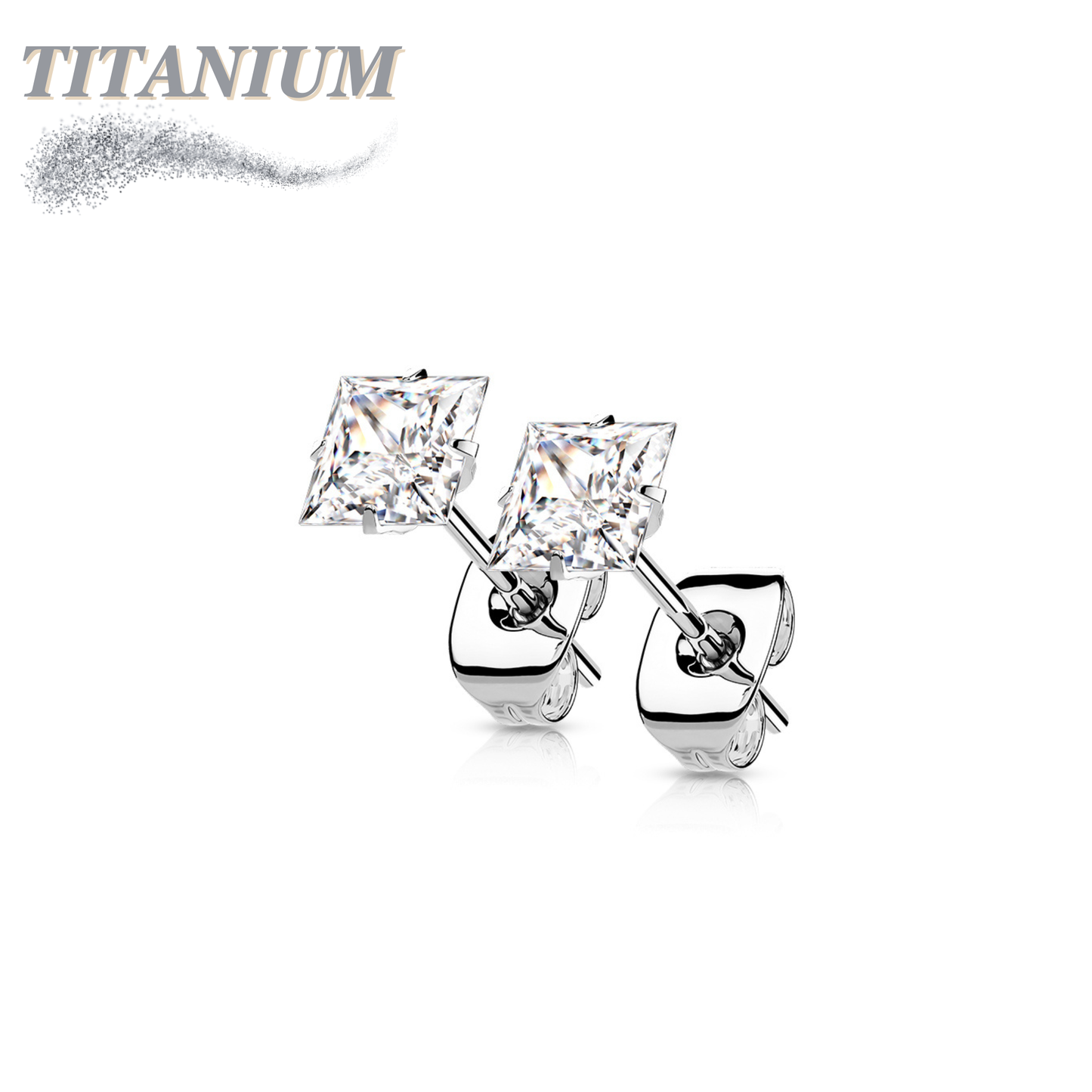 Titanium Earrings w/ Square Prong Set CZ (Titanium Backs)