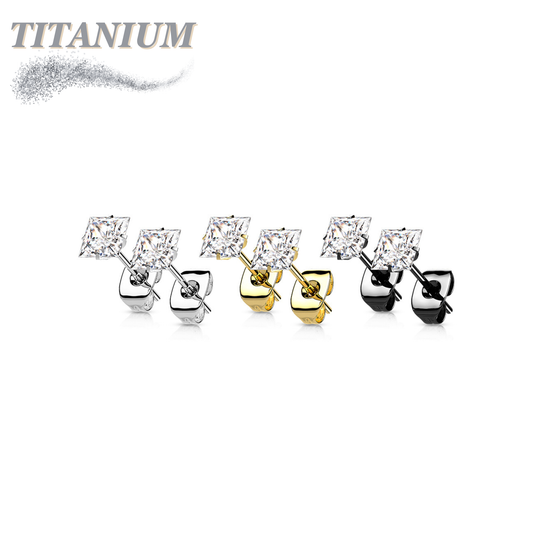Titanium Square Prong Set CZ Earrings with Titanium Backs