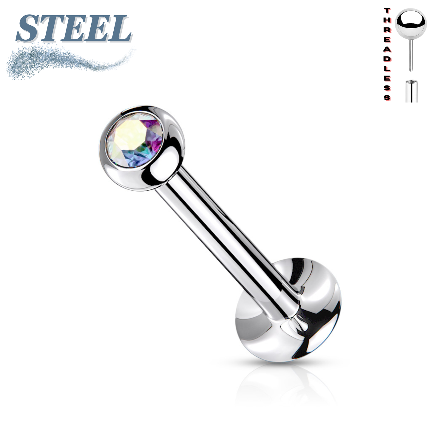 Surgical Steel Threadless Flat Back Labret Combo with Jeweled Ball Top