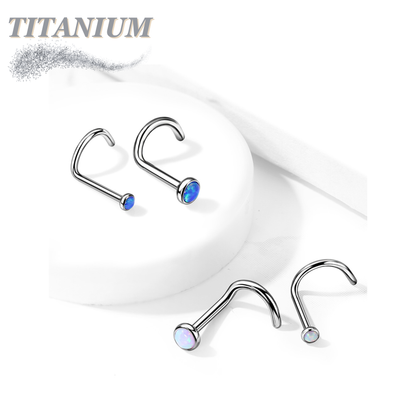 Titanium Corkscrew Nostril Bezel Set Opal Ball