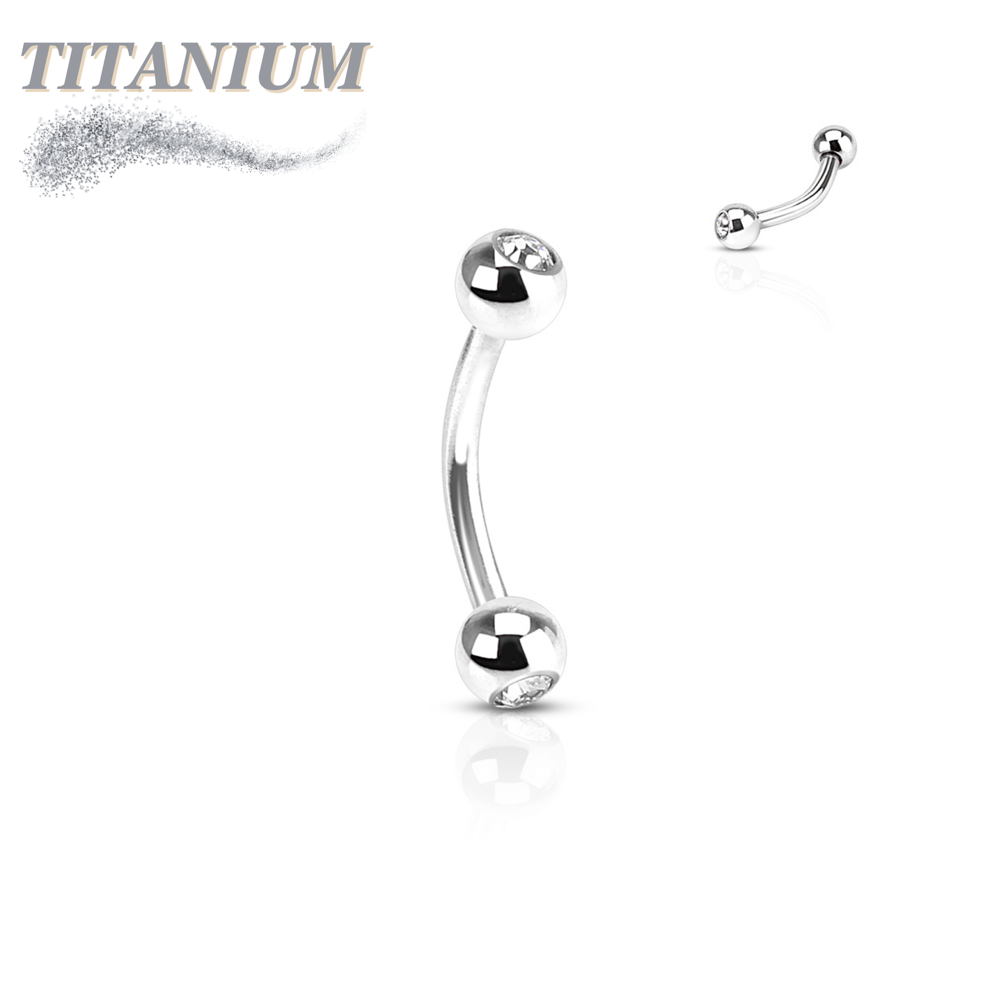 Titanium External Thread Curved Barbell with Double CZ Ball Ends - Silver Only