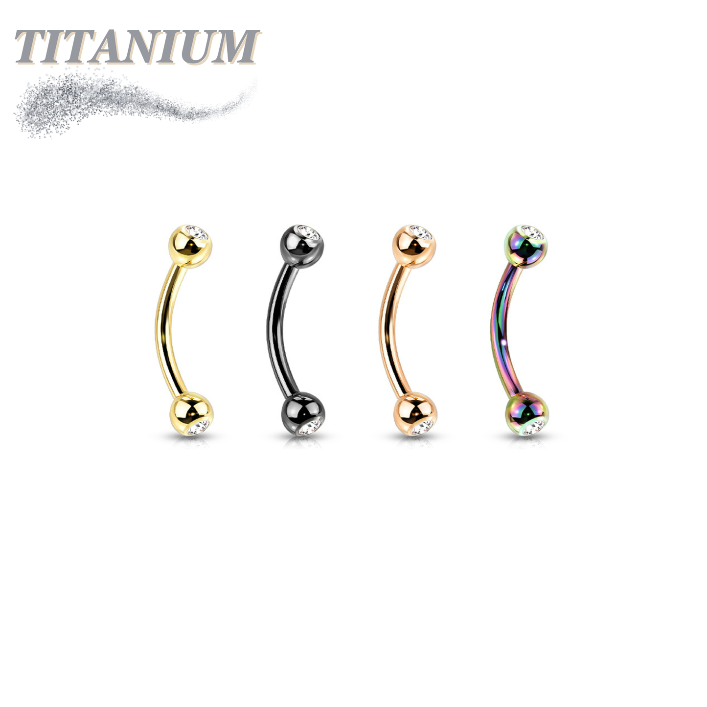 Titanium Externally Threaded Curved Barbell with Press Fit CZ Ball Ends - Coloured
