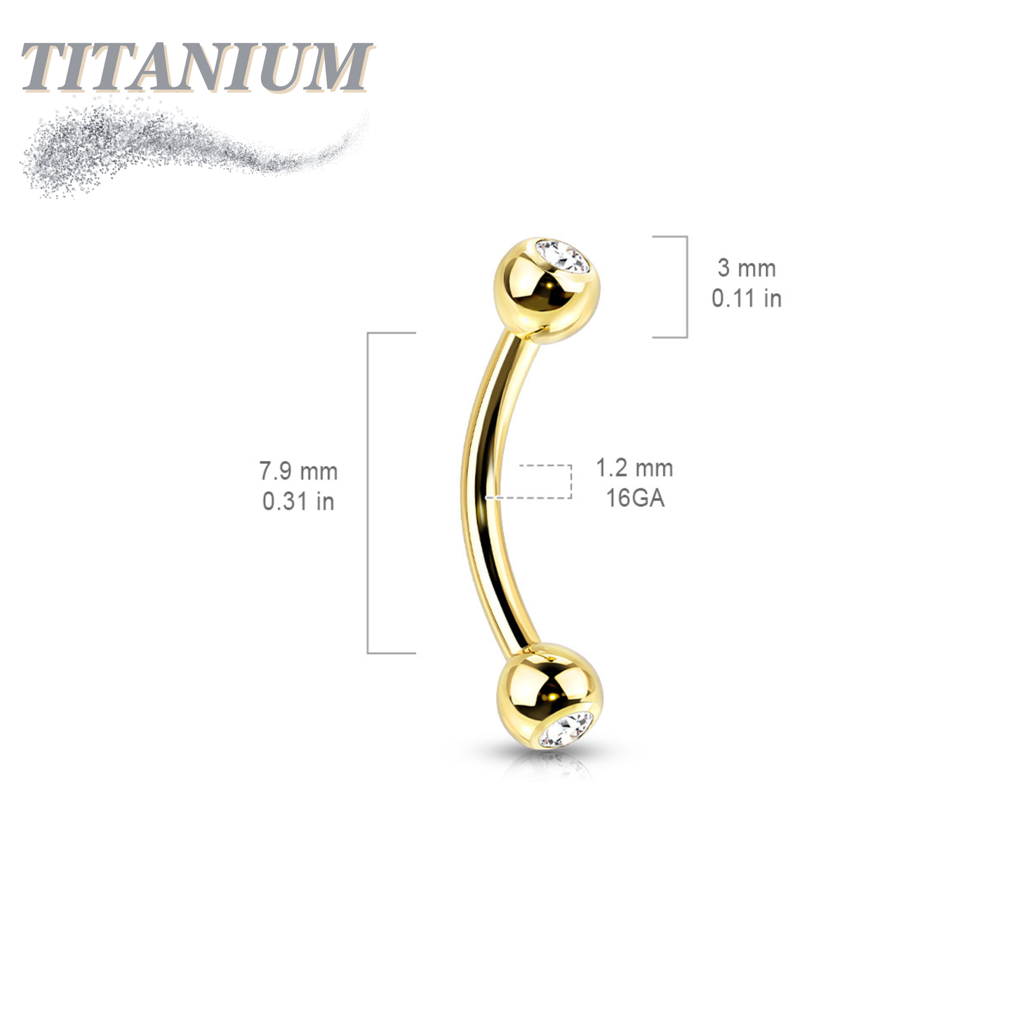 Titanium Externally Threaded Curved Barbell with Press Fit CZ Ball Ends - Coloured