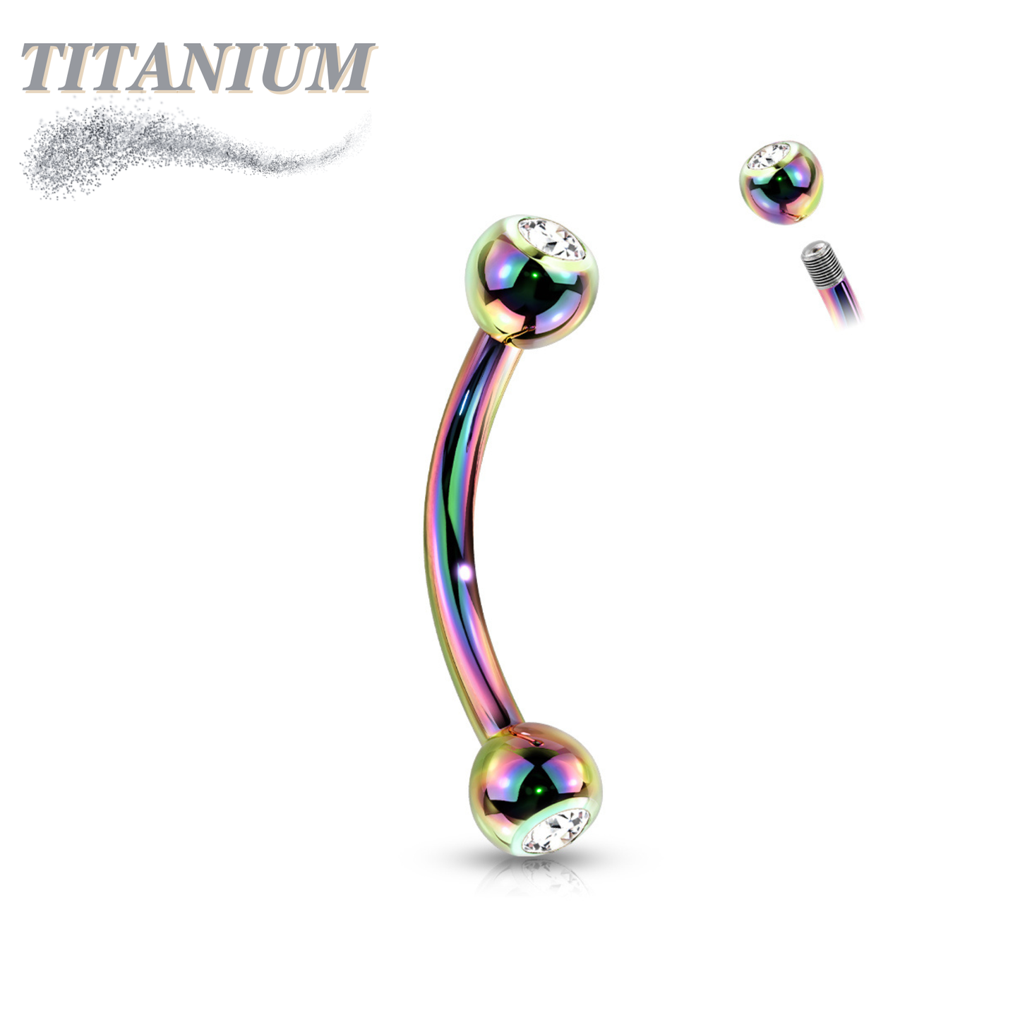Titanium Externally Threaded Curved Barbell with Press Fit CZ Ball Ends - Coloured
