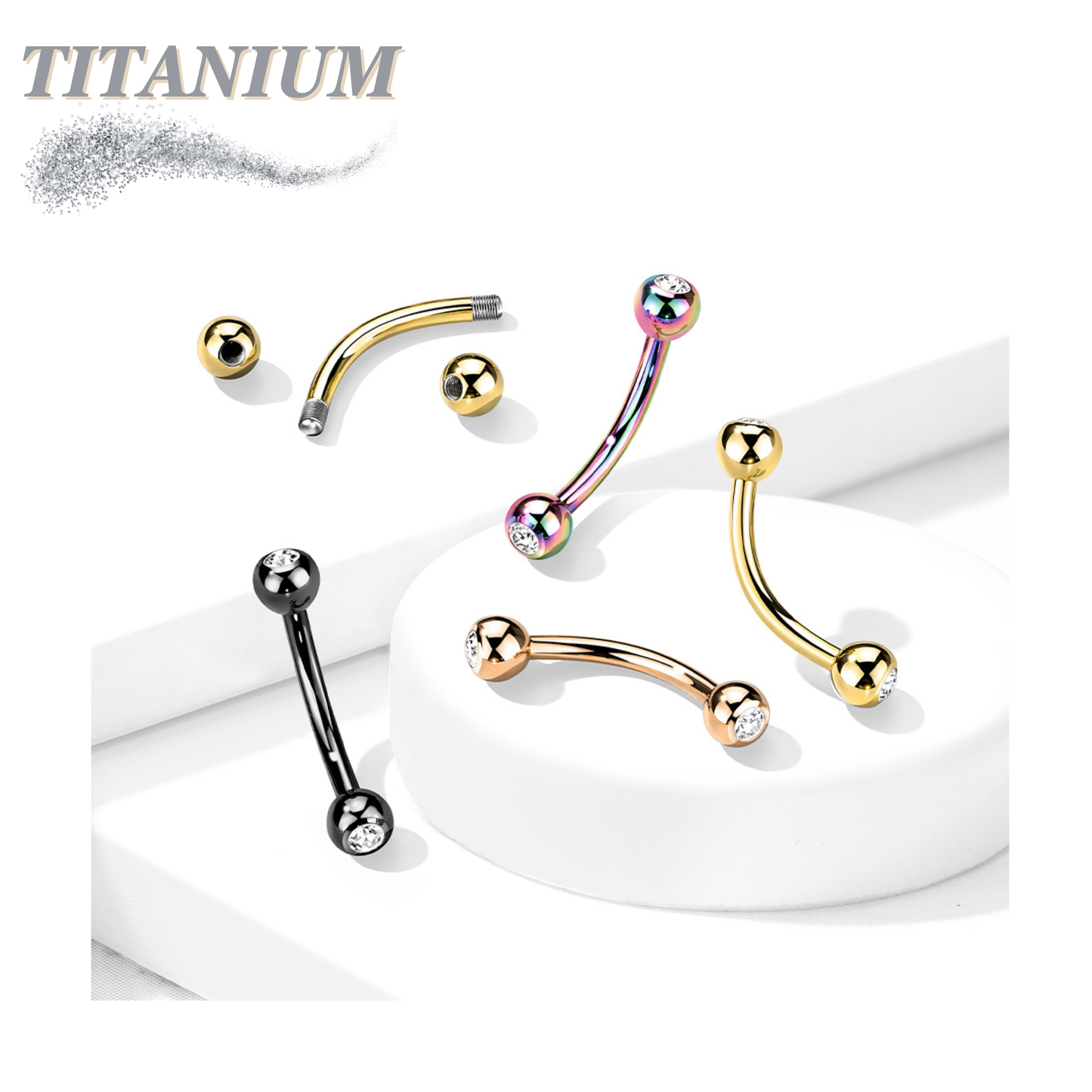 Titanium Externally Threaded Curved Barbell with Press Fit CZ Ball Ends - Coloured