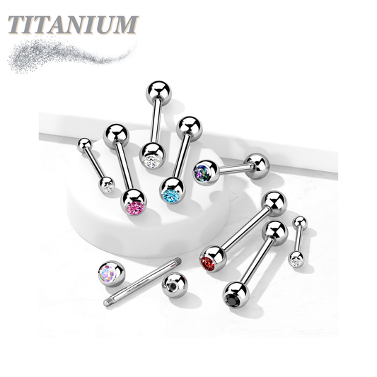Tongue Titanium Barbell with One Bezel Gem and One Fixed Ball External Thread