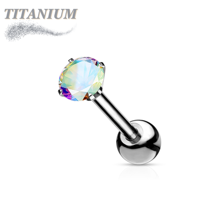 Titanium Externally Threaded Straight Cartilage Barbell with Prong Set CZ