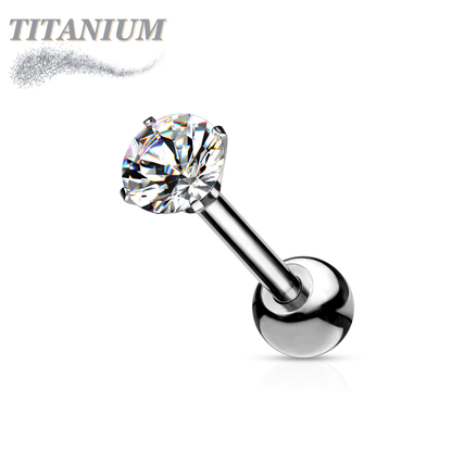 Titanium Externally Threaded Straight Cartilage Barbell with Prong Set CZ