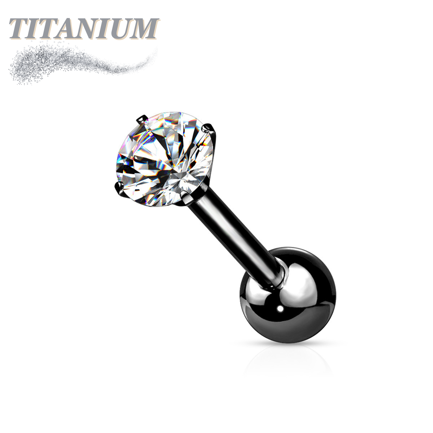 Titanium Externally Threaded Straight Cartilage Barbell with Prong Set CZ