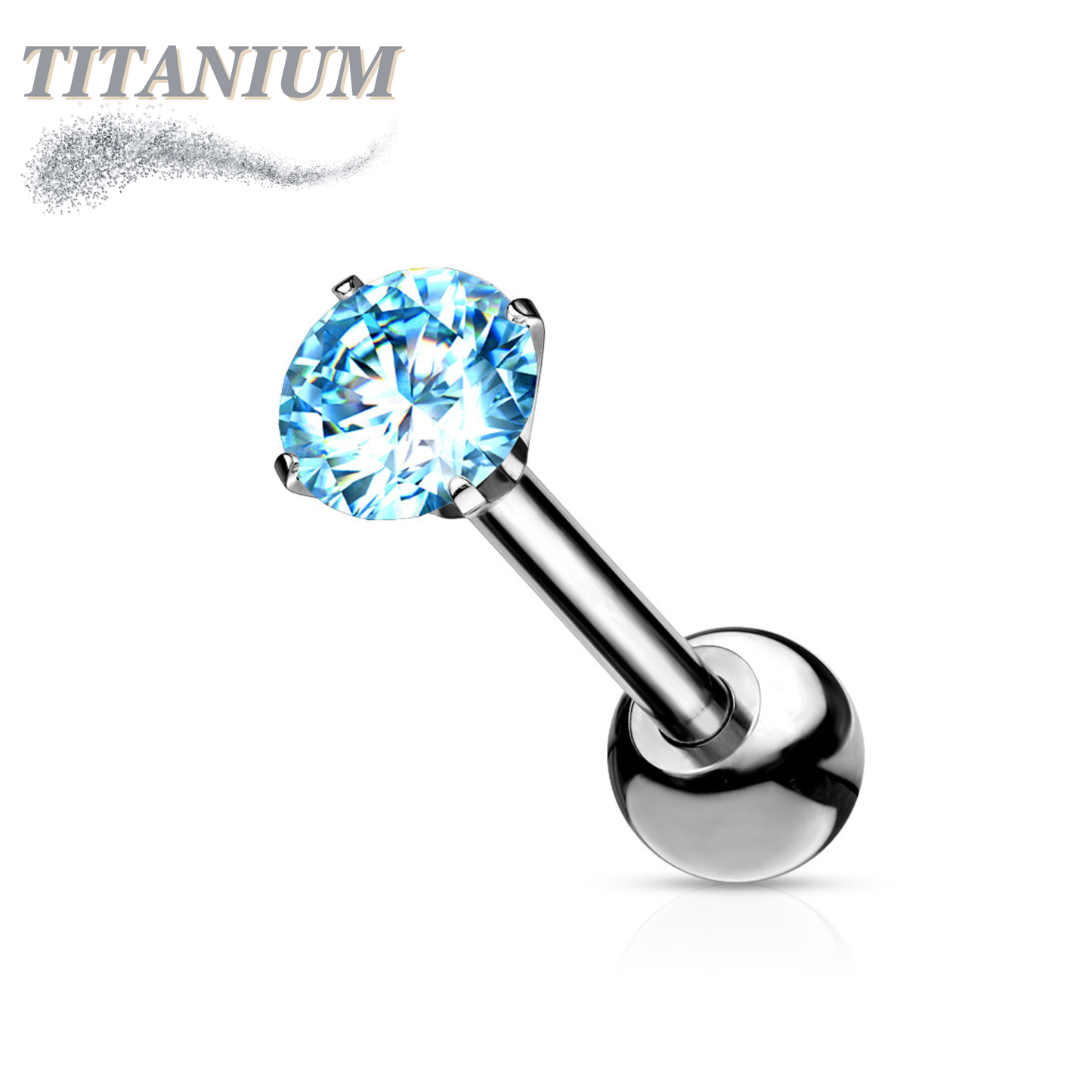 Titanium Externally Threaded Straight Cartilage Barbell with Prong Set CZ