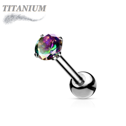 Titanium Externally Threaded Straight Cartilage Barbell with Prong Set CZ