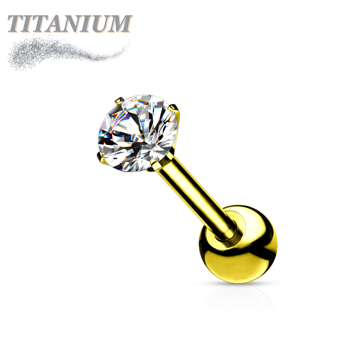 Titanium Externally Threaded Straight Cartilage Barbell with Prong Set CZ