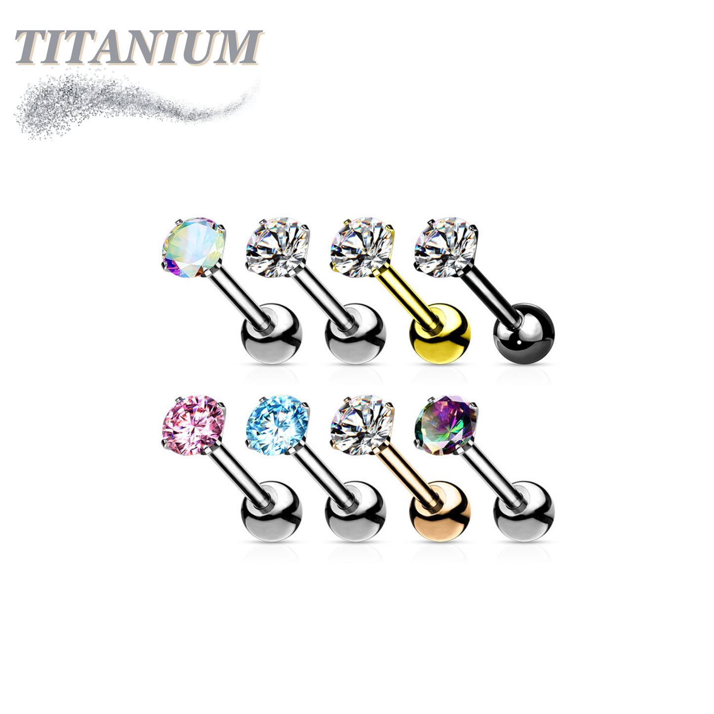 Titanium Externally Threaded Straight Cartilage Barbell with Prong Set CZ