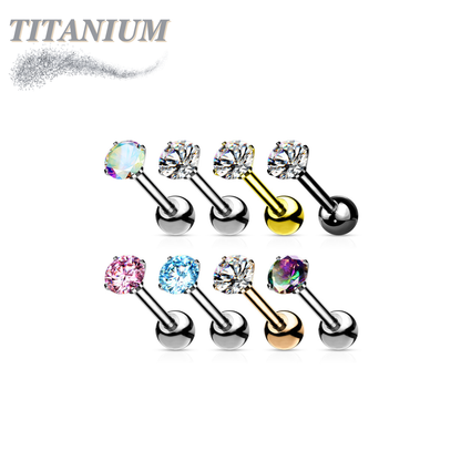 Titanium Externally Threaded Straight Cartilage Barbell with Prong Set CZ