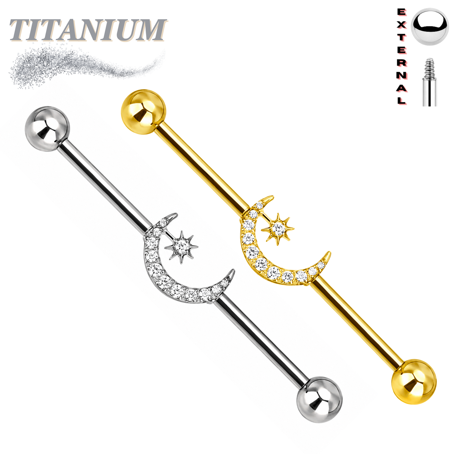 Titanium Externally Threaded Industrial Barbell w/ CZ Moon with Star