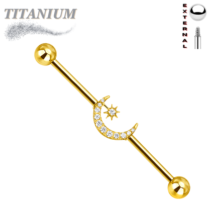 Titanium Externally Threaded Industrial Barbell w/ CZ Moon with Star
