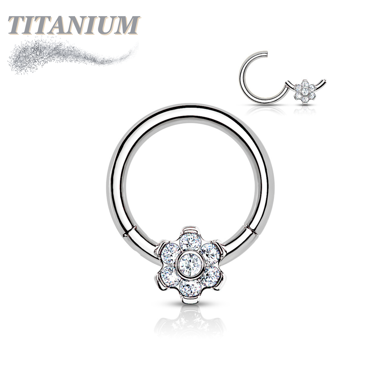 Titanium Hinged Ring 16G with Front Facing Flower Gem