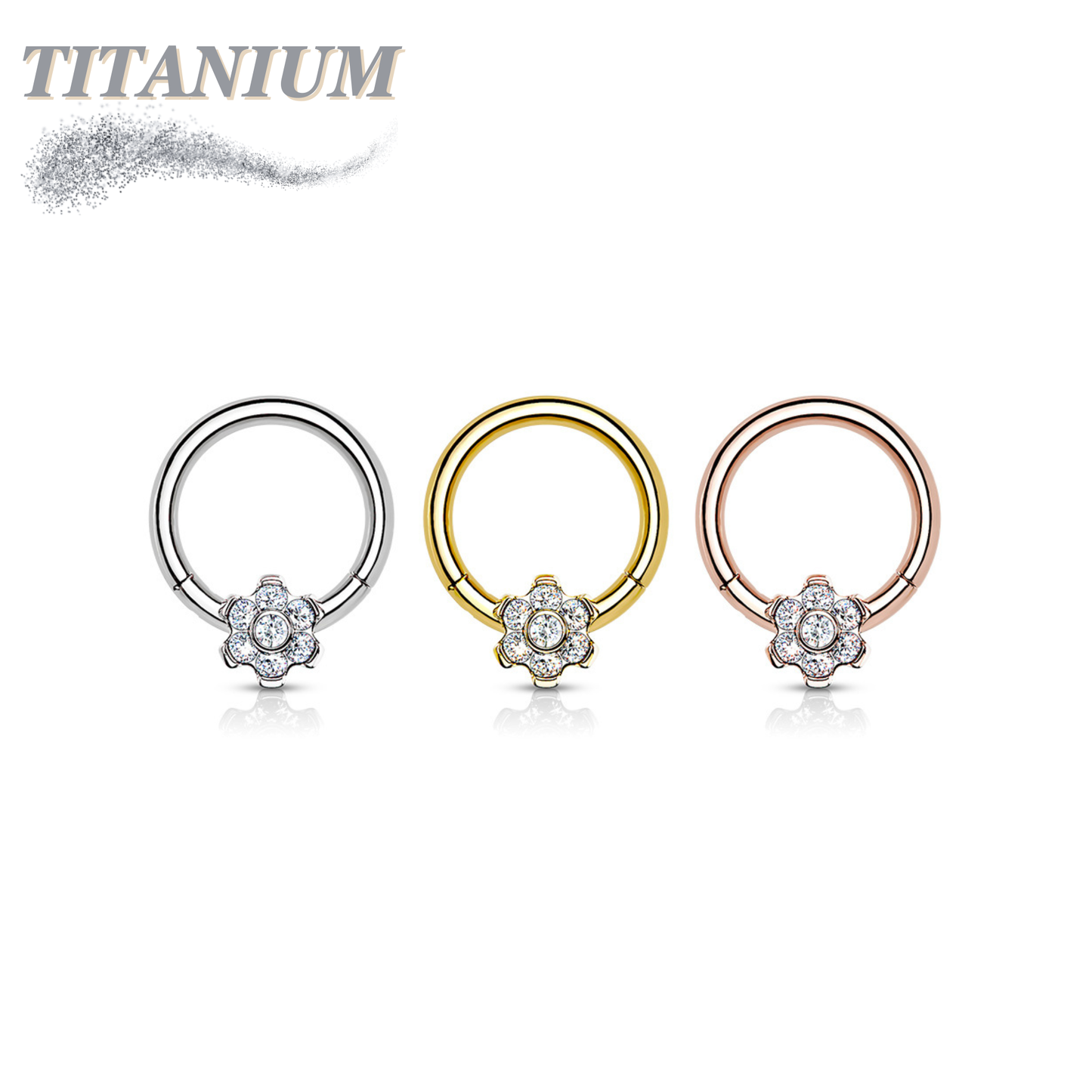 Titanium Hinged Ring 16G with Front Facing Flower Gem