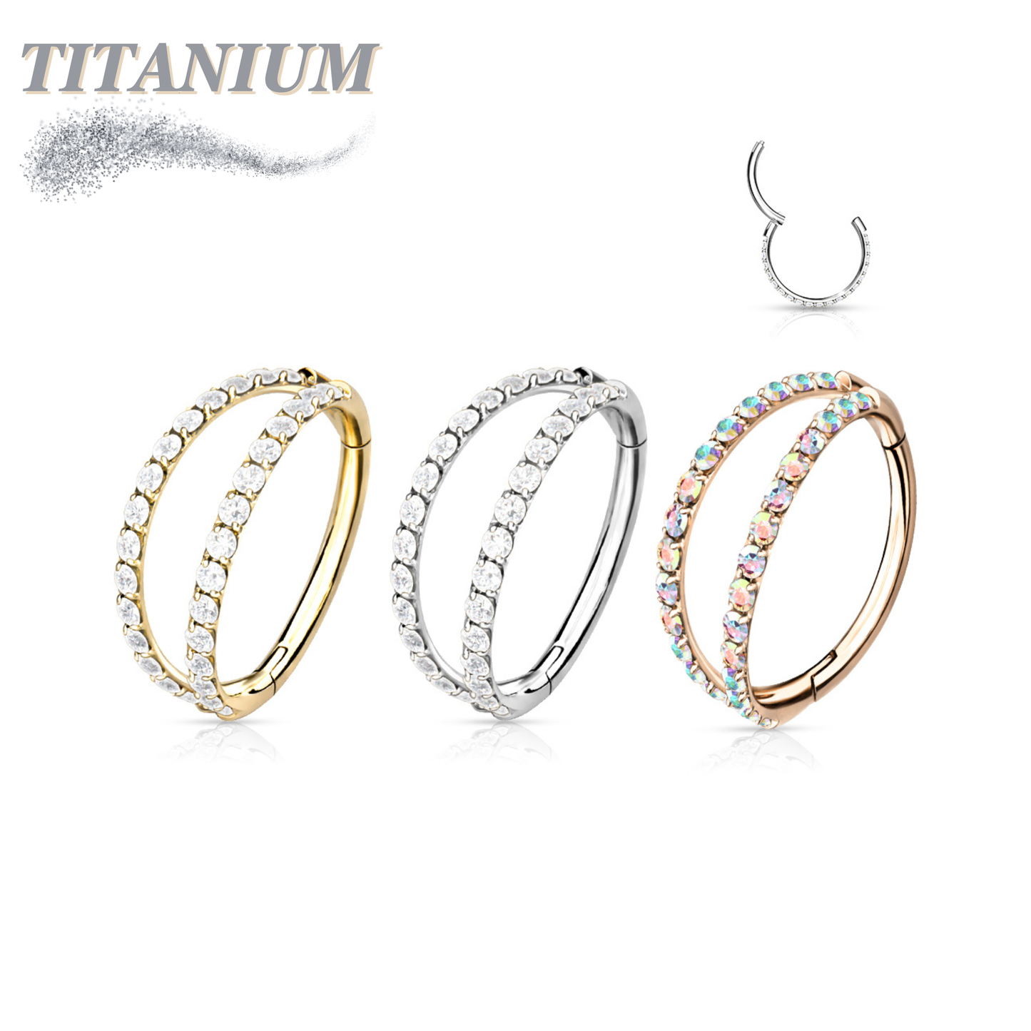 Titanium Hinged Ring with Outer Facing Double Lined CZ