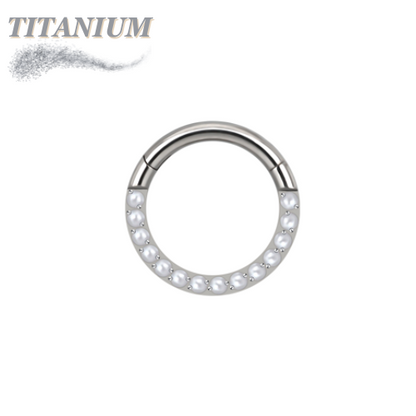 Titanium Hinged Ring with CNC Set CZ/Pearl Lined Paved Front