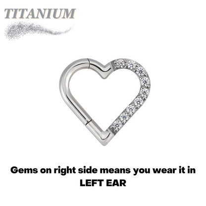 Titanium Hinged Half Paved Heart Ring w/ Gems