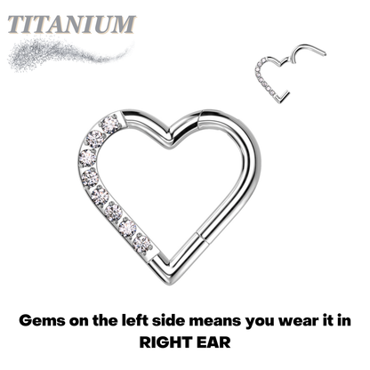 Titanium Hinged Half Paved Heart Ring w/ Gems