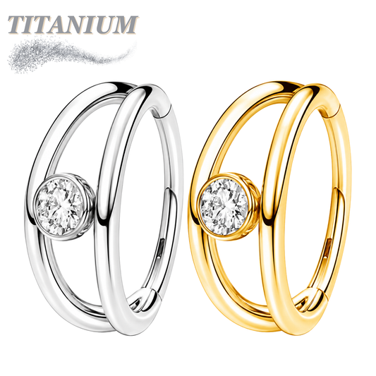 Titanium Hinged Double Split Ring w/ Bezel CZ