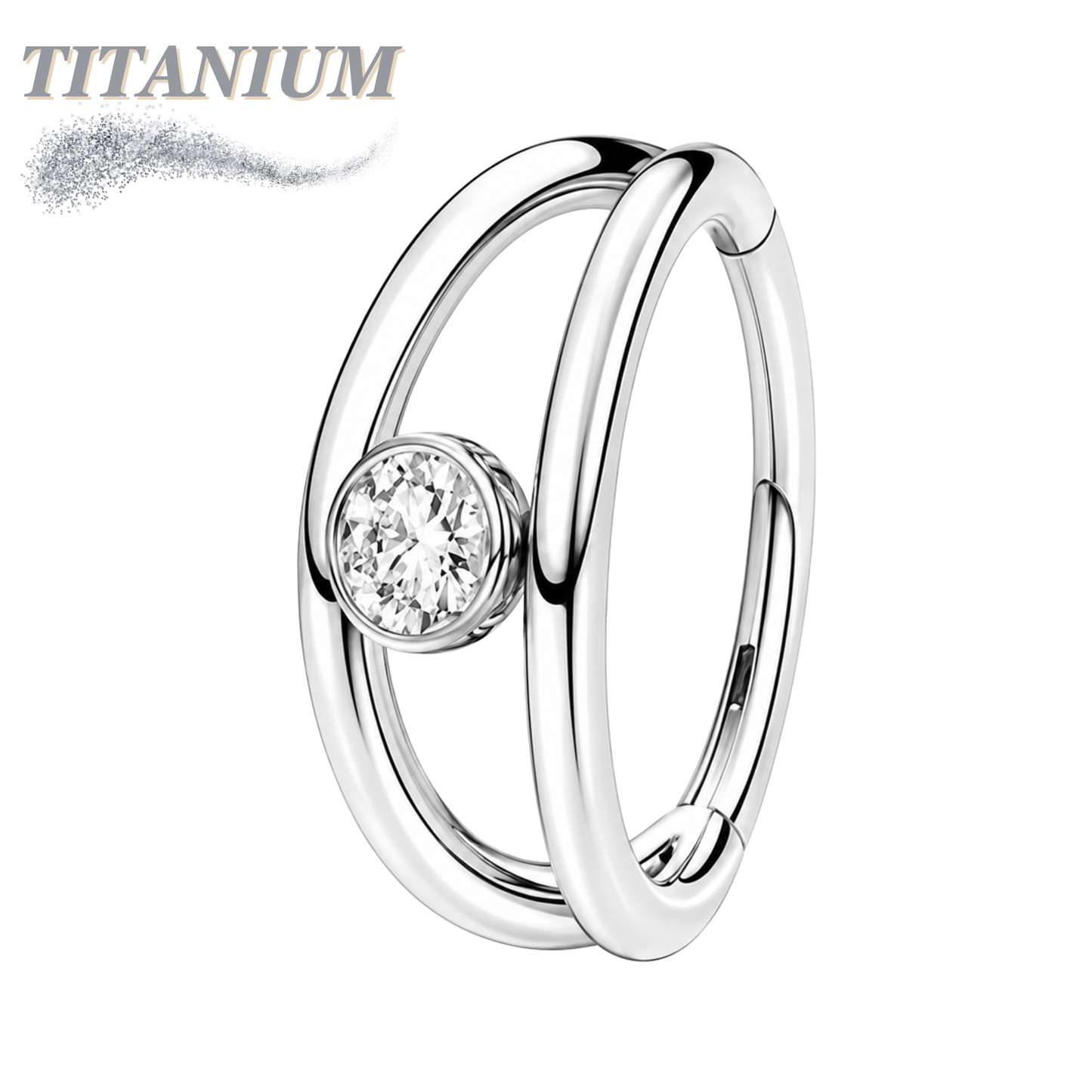 Titanium Hinged Double Split Ring w/ Bezel CZ