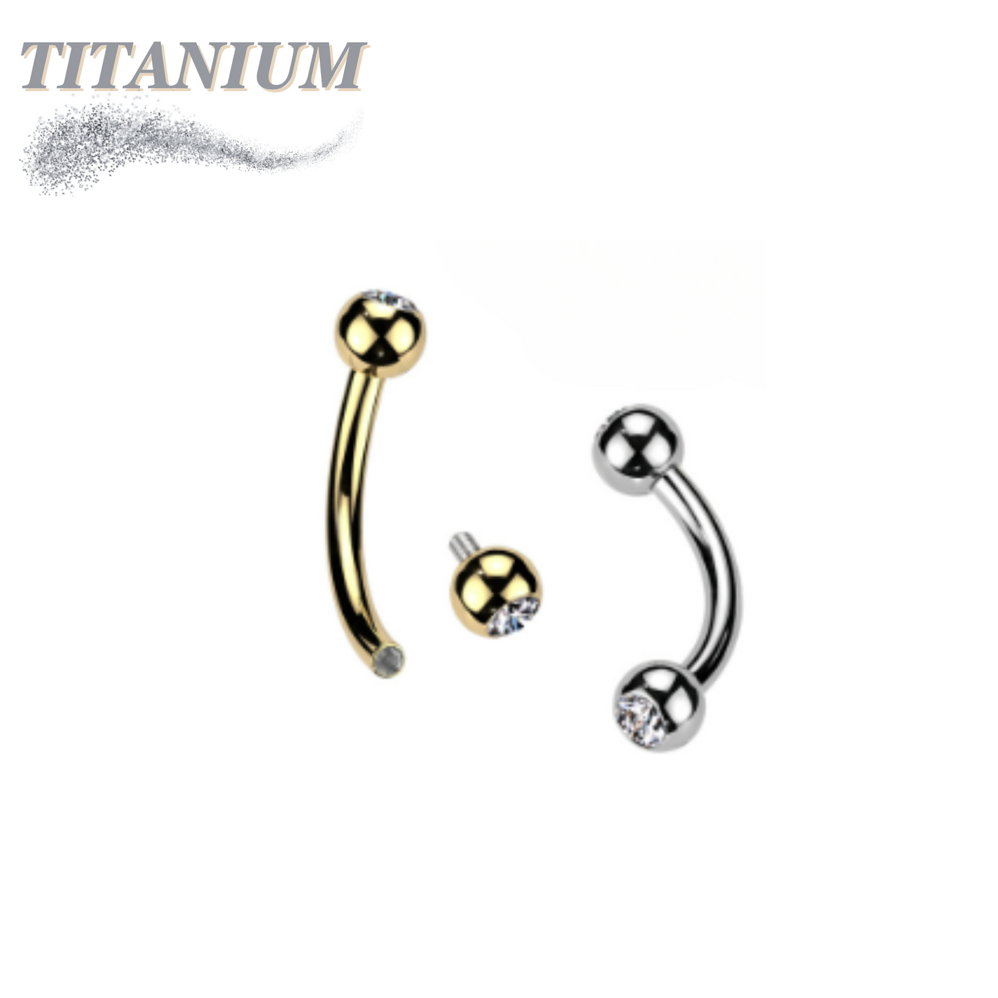 Titanium Internally Threaded Curved Barbell w/ Clear Bezel Gem Balls