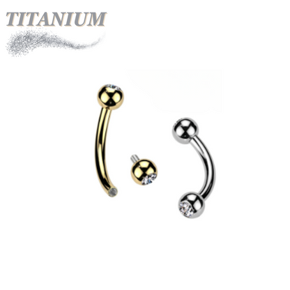 Titanium Internally Threaded Curved Barbell w/ Clear Bezel Gem Balls