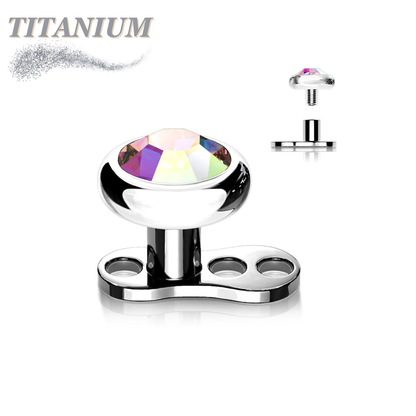 Titanium Internally Threaded 3 Hole Dermal Anchor w/ Titanium Flat Round Crystal Top (2mm Rise)