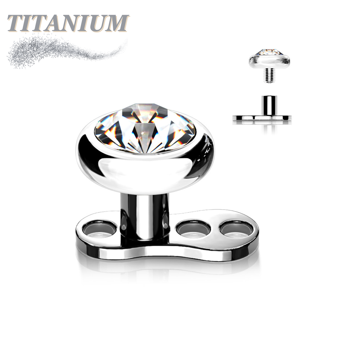 Titanium Internally Threaded 3 Hole Dermal Anchor w/ Titanium Flat Round Crystal Top (2mm Rise)