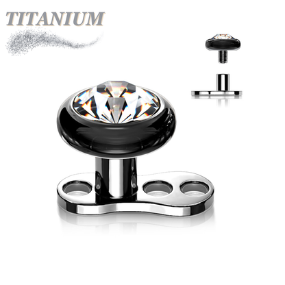 Titanium Internally Threaded 3 Hole Dermal Anchor w/ Titanium Flat Round Crystal Top (2mm Rise)
